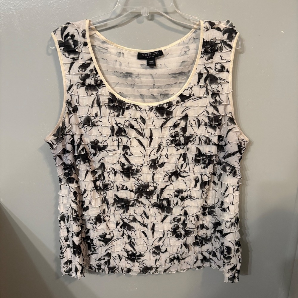 Perceptions Black White Floral Ruffle Sleeveless Layered Tank Top (Women's 20W)‎
